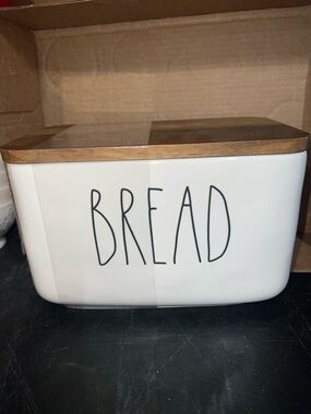 Rae Dunn White Ceramic Bread Container with Wood Lid